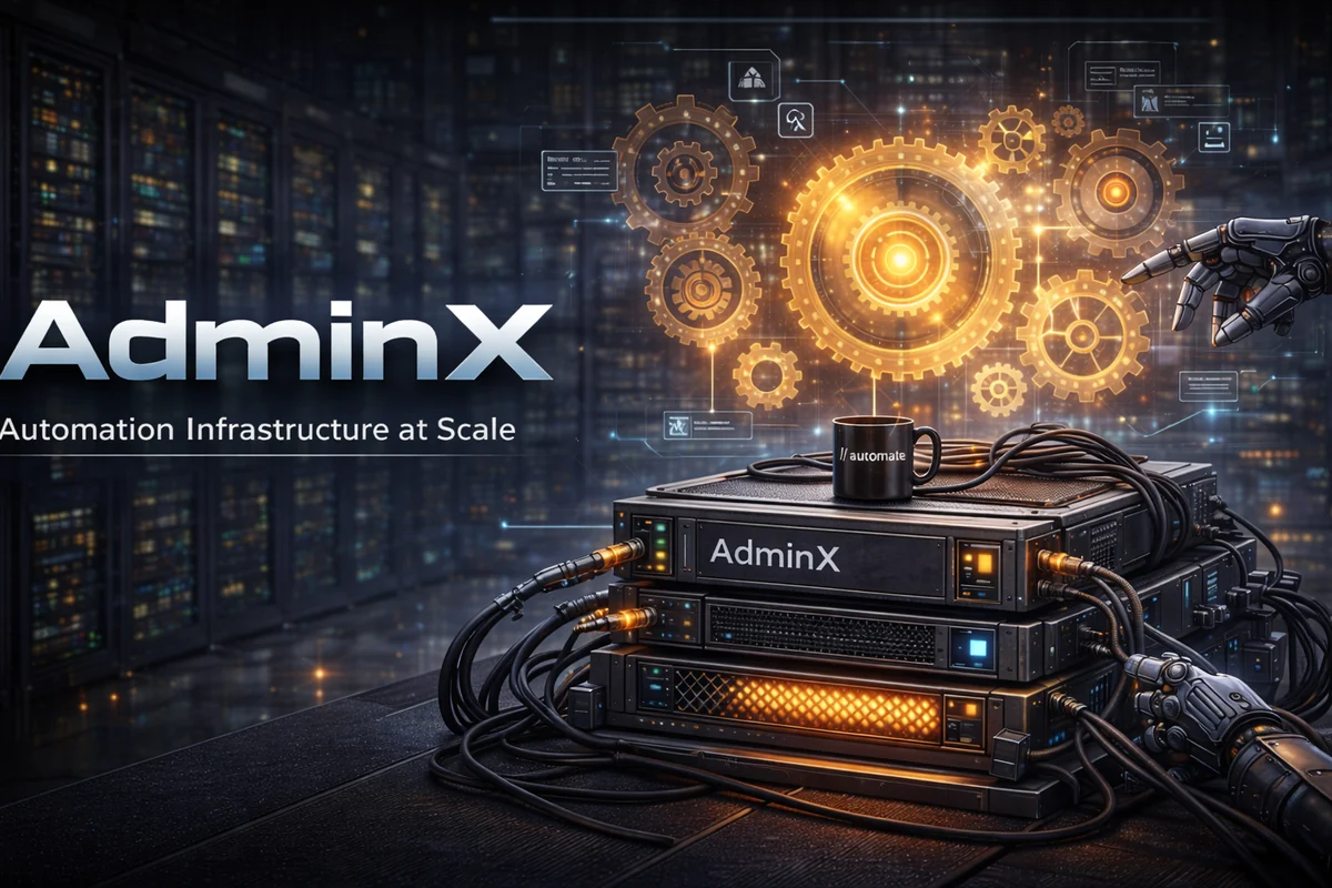AdminX automation infrastructure graphic with glowing gears, servers, cables, and robotic hands in a data center
