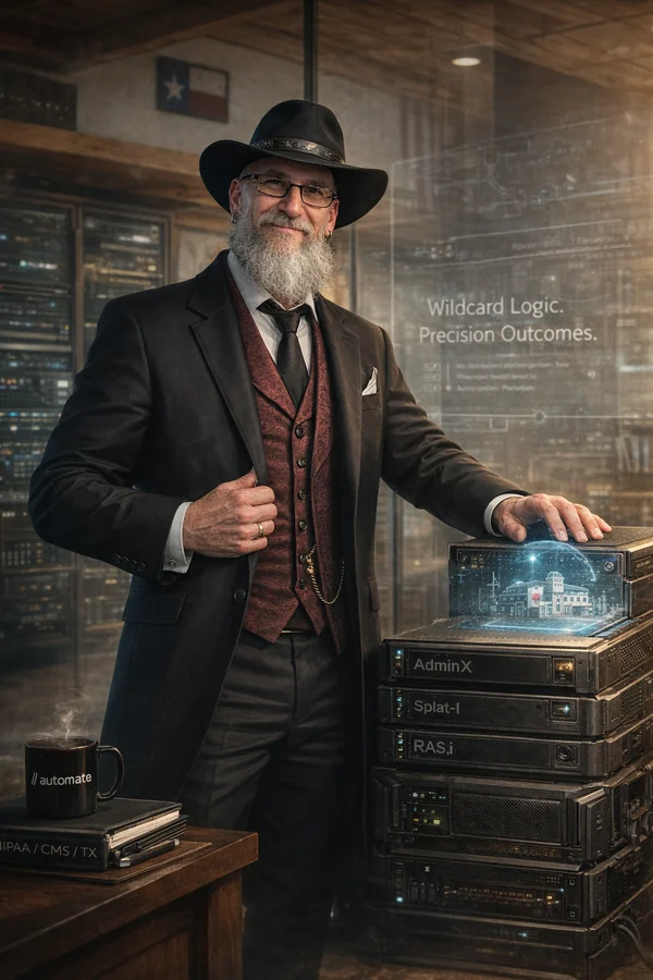 Stylized render of GeekTheGreyBeard standing beside branded server equipment