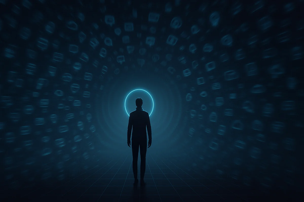 Silhouetted person standing before a glowing portal in a dark digital tunnel with floating icons