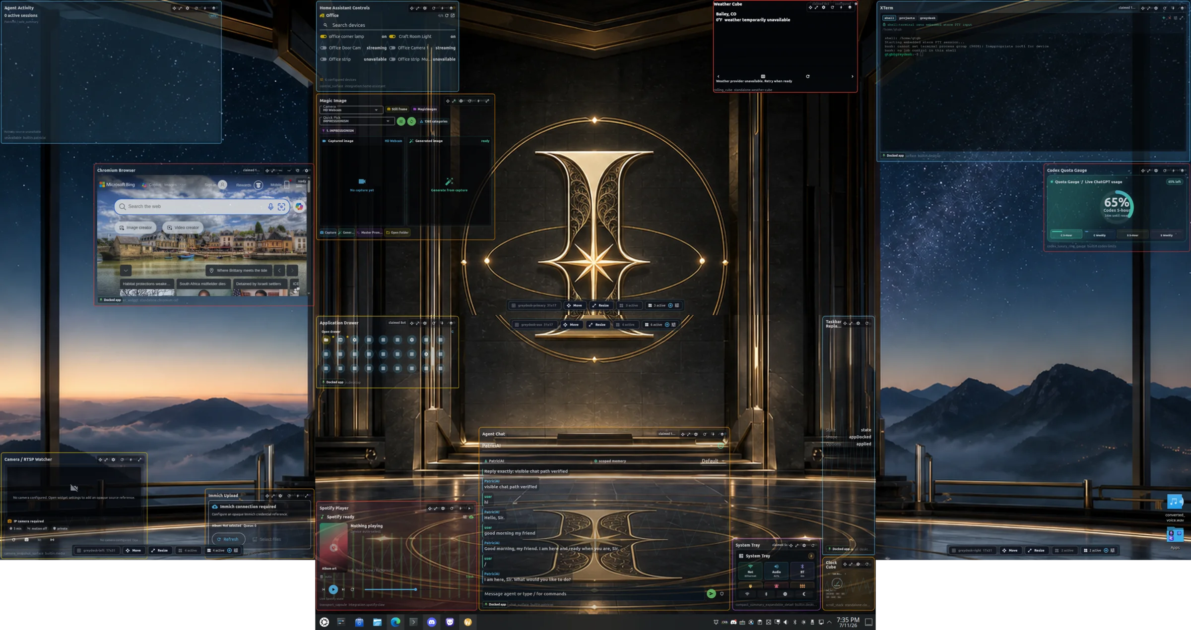 PatriciAI Greydesk UI spanning four displays with transparent widget canvases over a dark architectural wallpaper